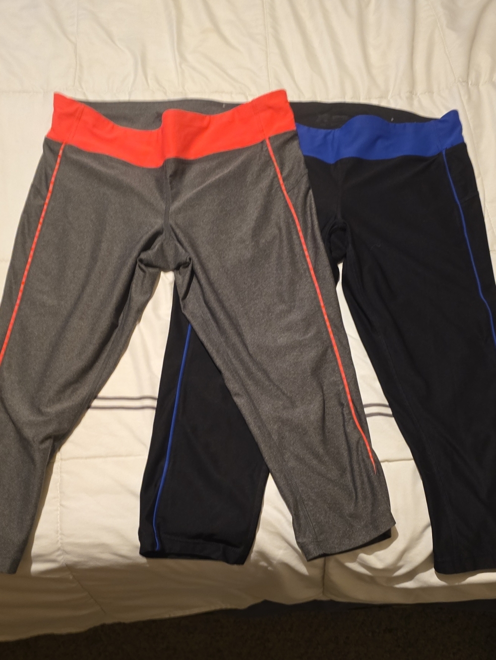 Xersion Two-Pack Capri Leggings in Gray with Neon Coral & Black with Royal Blue